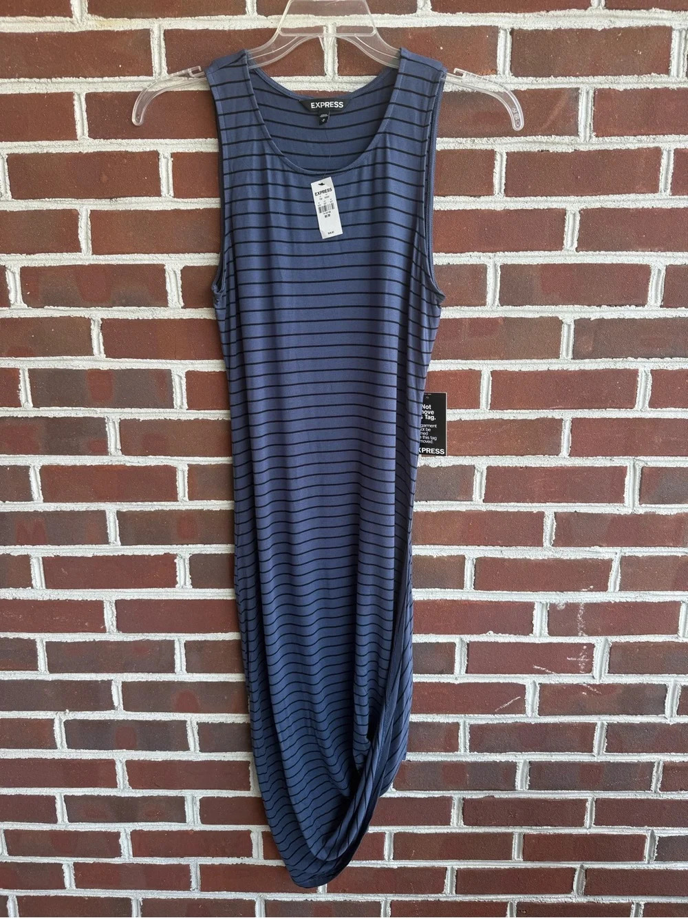 Express Navy Blue and Black Striped Tank Midi Dress with Twist Hem